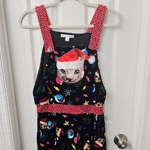 Quirky Holiday Cat Jumpsuit - Black and Red